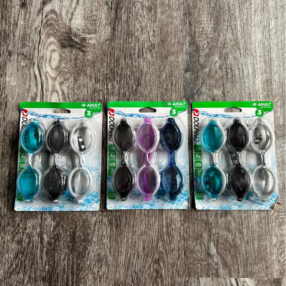 Dolfino Adult Pacesetter Swim Goggles NEW In Package UV Protection (3-3 Packs)